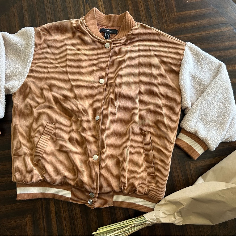Forever 21 Tan Corduroy Varsity Jacket